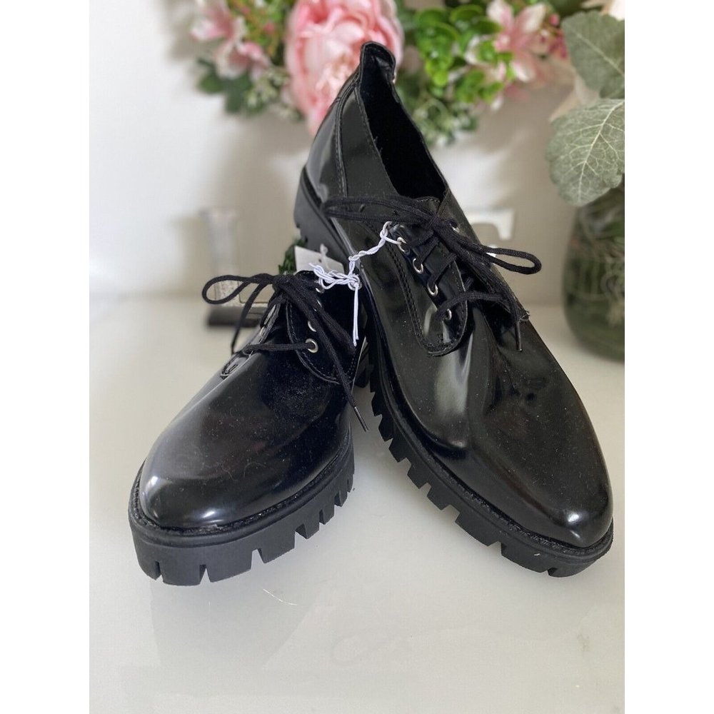 Kelsey Mossimo Black Patent Lace Up Chunky Heel Military Steampunk Shoes 9.5 New
